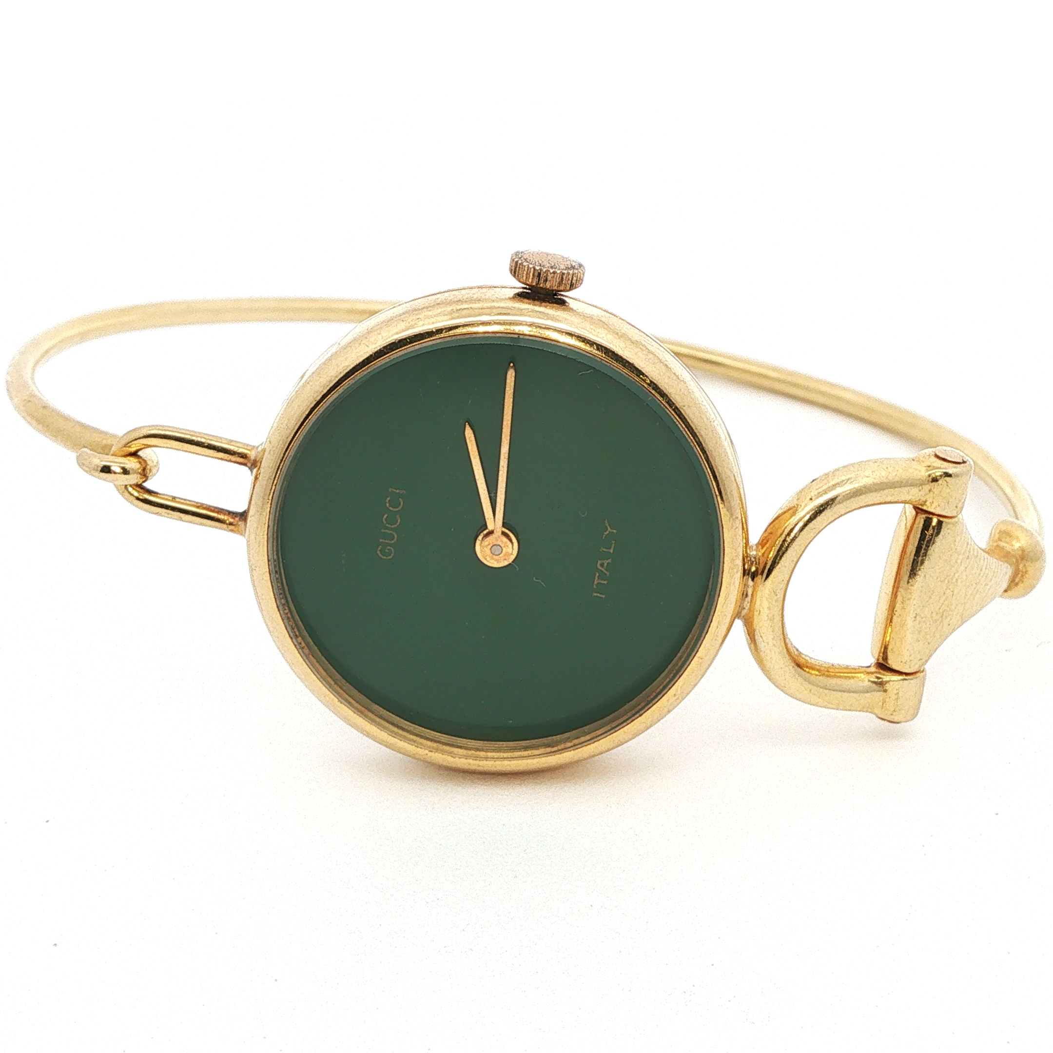 Vista frontale orizzontale orologio oro Gucci Vintage